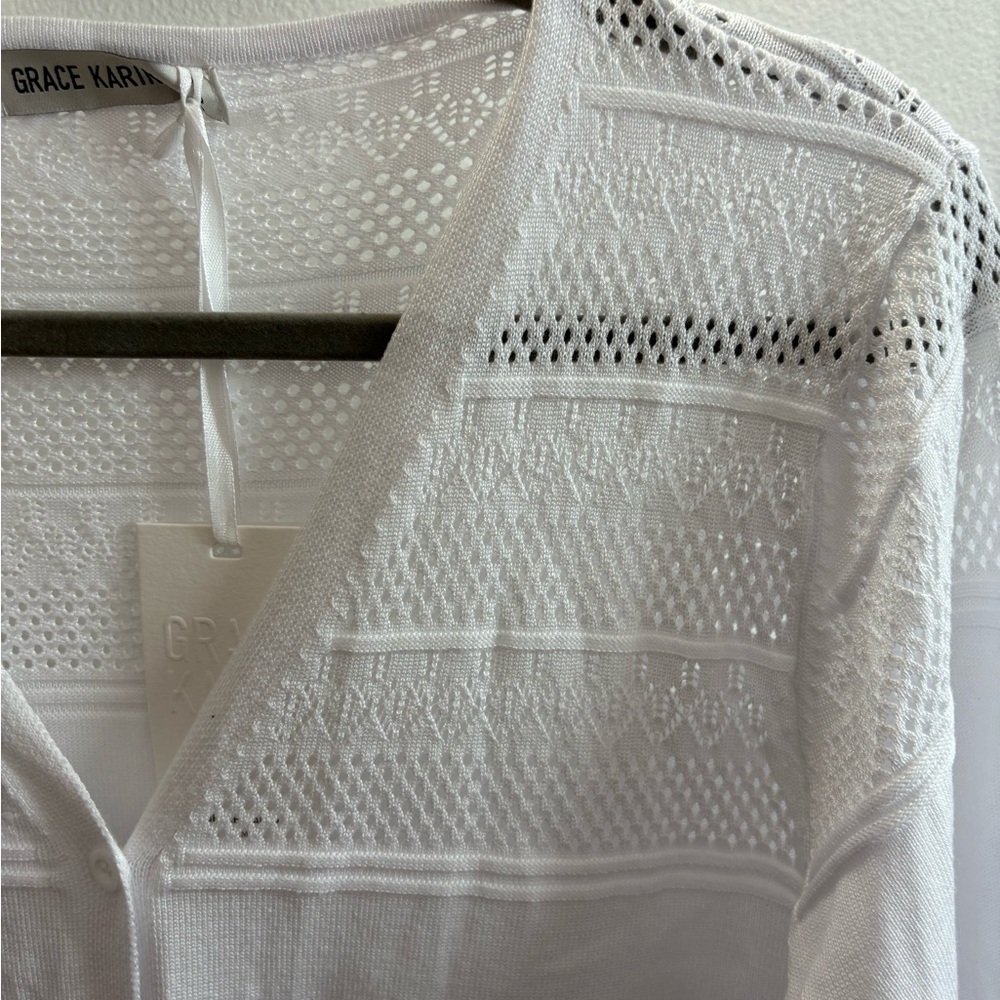 Grace Karin White Pointelle V-Neck Cardigan Sweater L - Picture 3 of 8